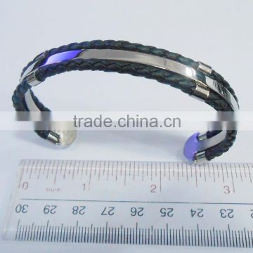 Stainless Steel Bangle with Two Row Leather