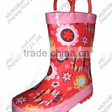 2013 kids' rubber handle rain boots with flower pattern