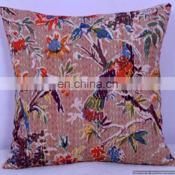 Beige Bird Floral Hand-stitched Kantha Pillow indoor & outdoor-Indian kantha cushion covers-Kantha Pillow Covers