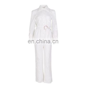 Elegant Embroidery Patchwork Lapel Long Sleeve With Belt Jumpsuits Female