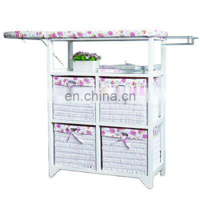 Pastoral Style White Folding Ironing Board Wooden Storage Cabinet with 4 Storage Drawers