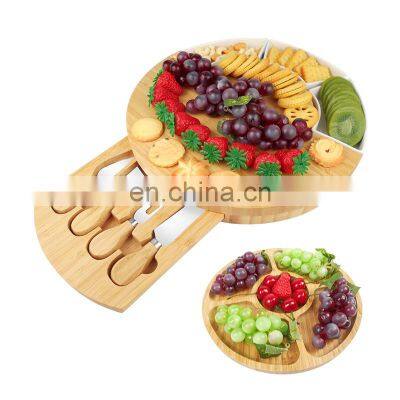 Hot Sale Organic Bamboo Cheese Cutting Board Include 3 Ceramic Plates