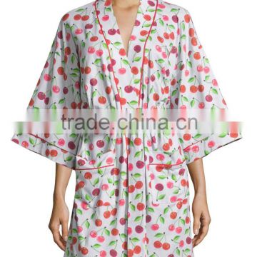 Wholesale Cheap Lovely Sweet Womens Cherry Printed Cotton Spandex Jersey Kimono Short Robe
