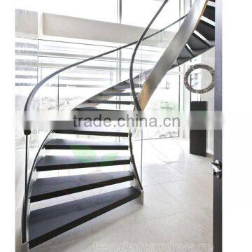 wood step glass rails curved Staircase with stainless steel stringer and glass railing
