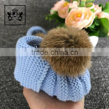 Hand Knitted Pom Fur Ball Boot Shoes For Baby Girl Crocheted Booties Socks With Shoe Print