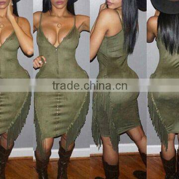 2016 hot sexy women Suede fringed dress