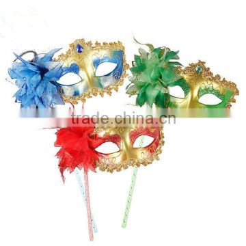 Multi-colors fashion feather Princess Mardi Gras Feather masquerade Mask With Stick masquerade mask with stones