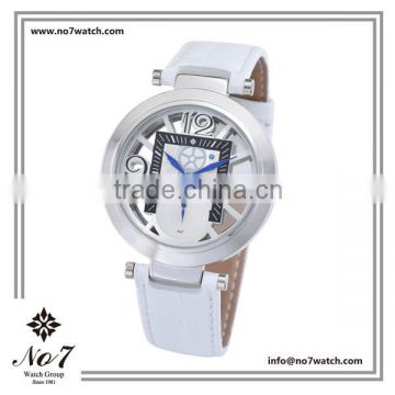 Skeleton Quartz Watch with stainless steel case and Genuine leather strap