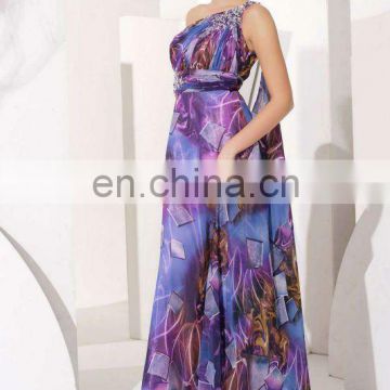 elegant purple print chiffon one shoulder formal occasion evening dress