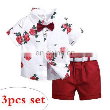2019 Summer Boys Clothing Sets Children Clothing Set Kids Boy Clothes Flower Tie Shirts + Shorts + belts 3PCS