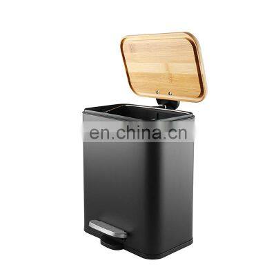 2021 new come waste bin with bamboo lid square shape dustbin  Black 6L trash cans for bathroom kitchen