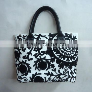 Medium size Embroidered Designer Ladies white and black Suzani Tote Bag