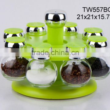 TW557BG 8pcs glass spice jar set with plastic stand