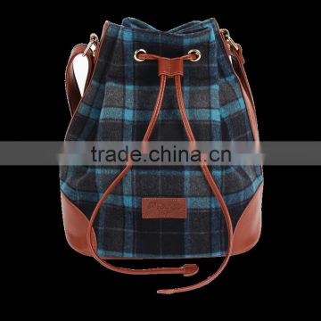 High-grade quality checked pattern tweed drawstring bag