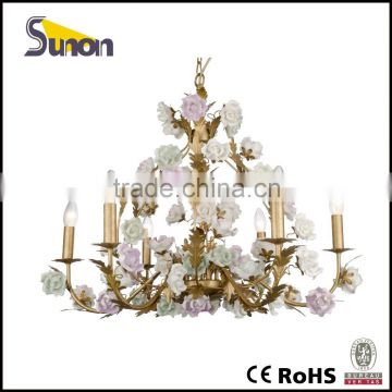 SD1188/6 New Design Fancy Gold Foil Wrought Iron Chandelier/Colorful Ceramic Flower Lights/Manmade Factory Price Lamp