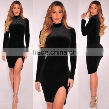 Women Velvet Long Sleeve Mini Dress Clubwewar Floral Cocktail Bodycon Black