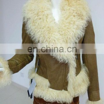ladies lamb leather and fur trimming jacket