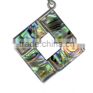 Hibiscus Colorful Flower Carved Abalone Shell Pendant Silver Necklace