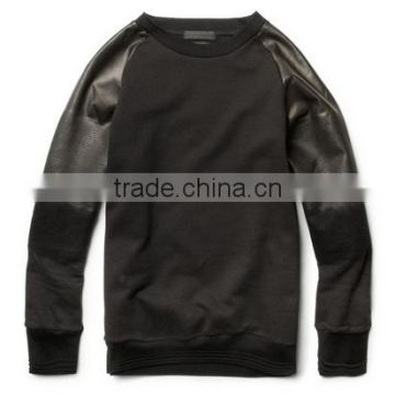 wholesale clothing long sleeve skinny fit faux leather panel t shirt for men
