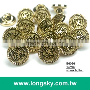 (#B6036/13mm) blazer gold shank button with decorative pattern