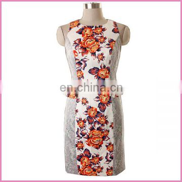 sleeveless printed flowers waist pleated design lady dress
