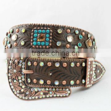 2015 New Design Western rhinestone leather belt with square conchos and crystal studed