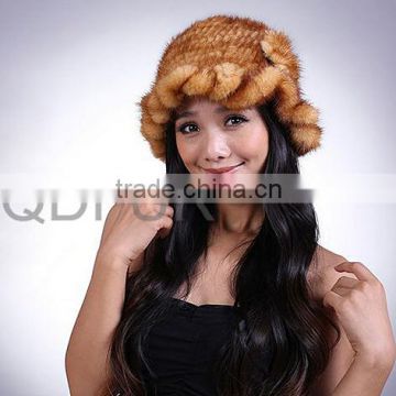 QD29546 Ranch Genuine Mink Fur Sweet Girl Round Florals Knit Hat With Nice Border