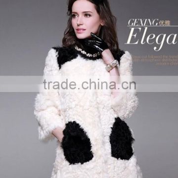 2016 New Fashion Women's Winter Warm 100% Lamb Fur Long Coat Contrast Color