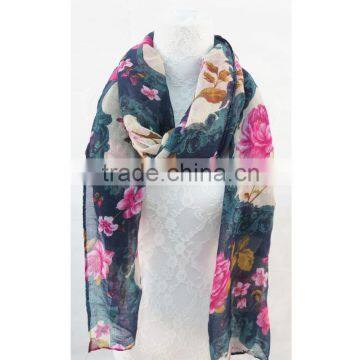 Floral Printed 100% Viscose Long Scarf For Spring And Autumn