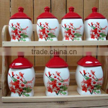 Red Morning Glory Decal Ceramic 7 PCs Canisters with Red Lid and Wooden Stand