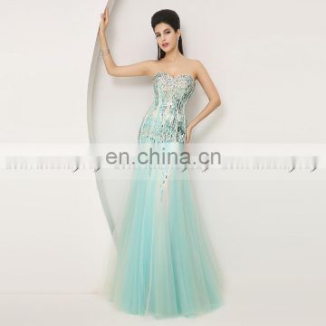 Real Picture Luxury Sweetheart Sleeve Aqua Tulle Mermaid Heavy Crystal Beaded Evening Dresses AJ004
