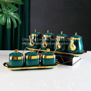 Light luxury dark green household ceramic seasoning bottle set of five