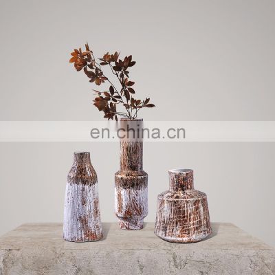 Chinese Retro Handmade Rustic Wood Grain Ceramic Vase Interior decor