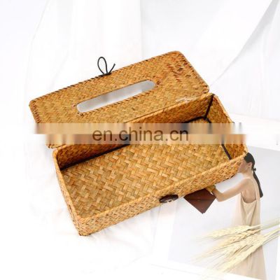 Hand Woven Straw Tissue Box Multi-Function Desktop Storage Basket Living Room Tissue Holder