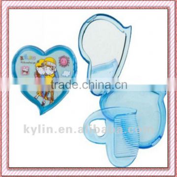 Plastic heart shape single makeup pocket mirror with hair brush
