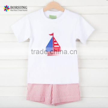 OEM custom baby boy clothes kids clothing sets fabric embroidery short sleeve shirt with red plaid shorts for baby clothes
