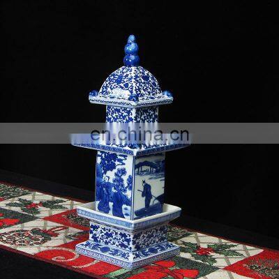 Mingqing Antique blue and white ceramic figurine pagoda for decoration