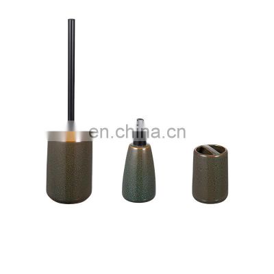 Stoneware Green Reactive Glaze Bathroom Accessory Set with Rubber wood Includes soap Dispenser Soap Dish Tumbler Toothbrush