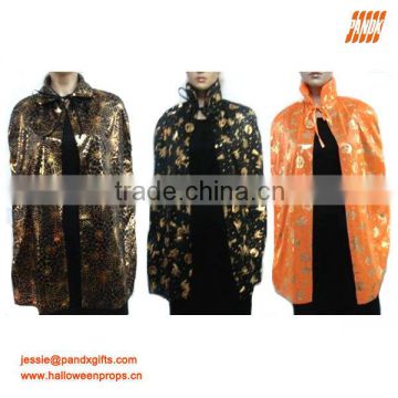 Maggic black satin cape with golden witch and pumpkin printing