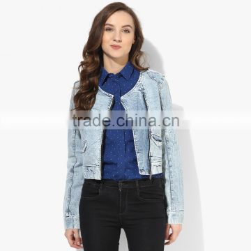 blue washed zipper denim jacket side double for women