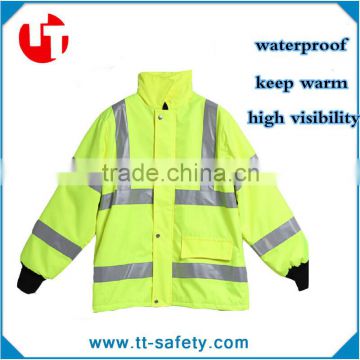waterproof yellow high visibility warm workwear reflective safety winter jacket