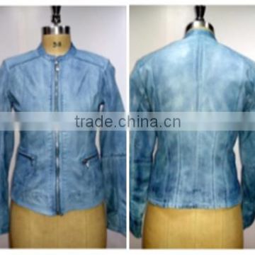 Sheep Leather Jacket Made Through Garment Dyed Treatment. Color Sky Blue