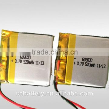 Hot sale Small Rechargeable Li-polymer battery 603030 520mAH 3.7V