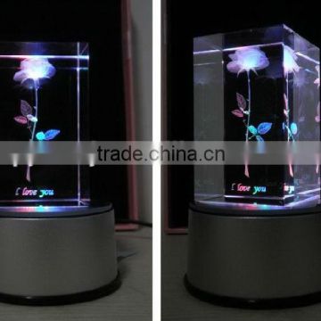 beauty crystal flower 3D laser rose with LED crystal wedding gifts