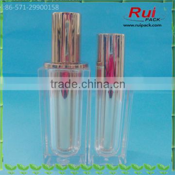 15/25/50ml clear golden square acrylic bottles, 1/0.8/1.6oz cosmetic acrylic bottles with golden inner cup and pump