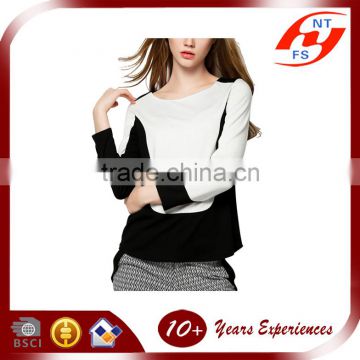 fashionable new design spring summer ladies round neck long sleeve chiffon patchwork blouses and tops