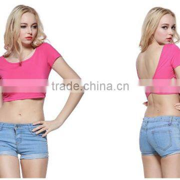 Lastest Design Fashion Sexy Backless Short Sleeve Crop Top with Cotton Fabric