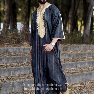 BS-1134999 Men's Muslim Dresses Long Sleeve Striped Henley Shirts Kaftan Muslim Long Gown Thobe Robe for Men