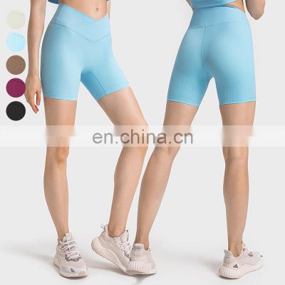 Quick Dry Sportswear Women Short Pant Butt Lifting Ribbed Fabric V Cross Waistband Yoga Shorts Womens Fitness Gym Yoga Shorts