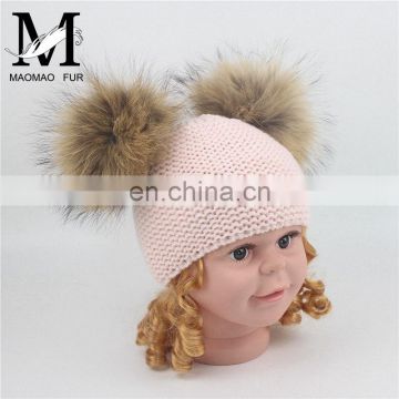 Kids Fashion Winter Knitted hat Raccoon Fur Pom Pom Ball Korean Baby Hat